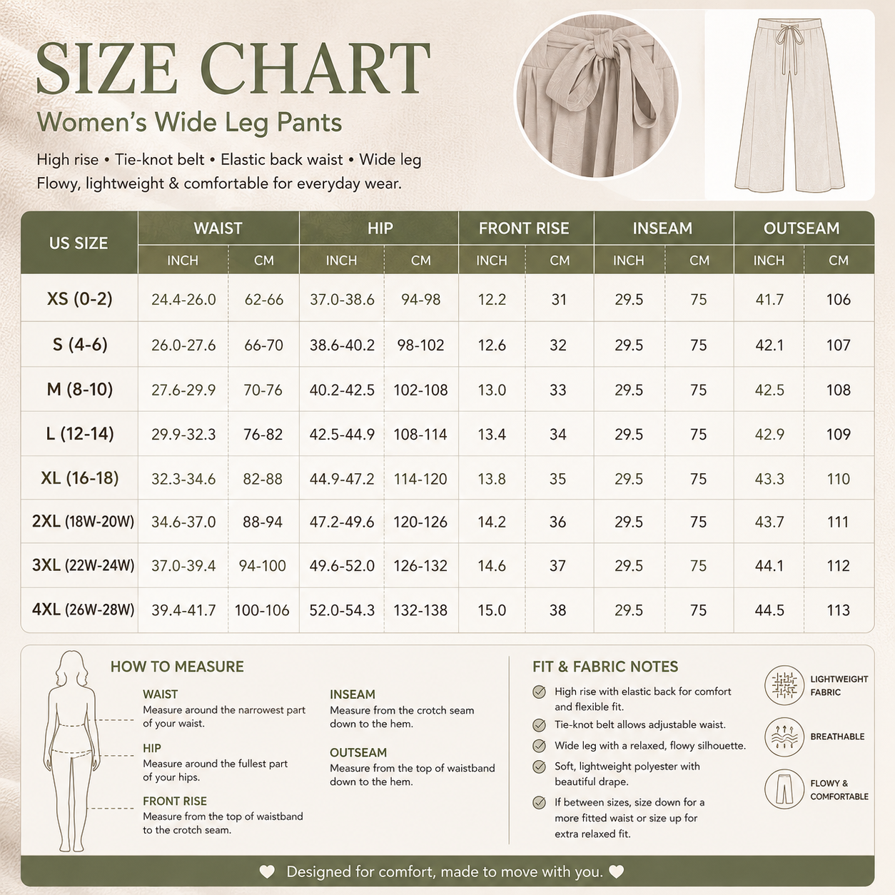 Women high-rise wide-leg pants size chart