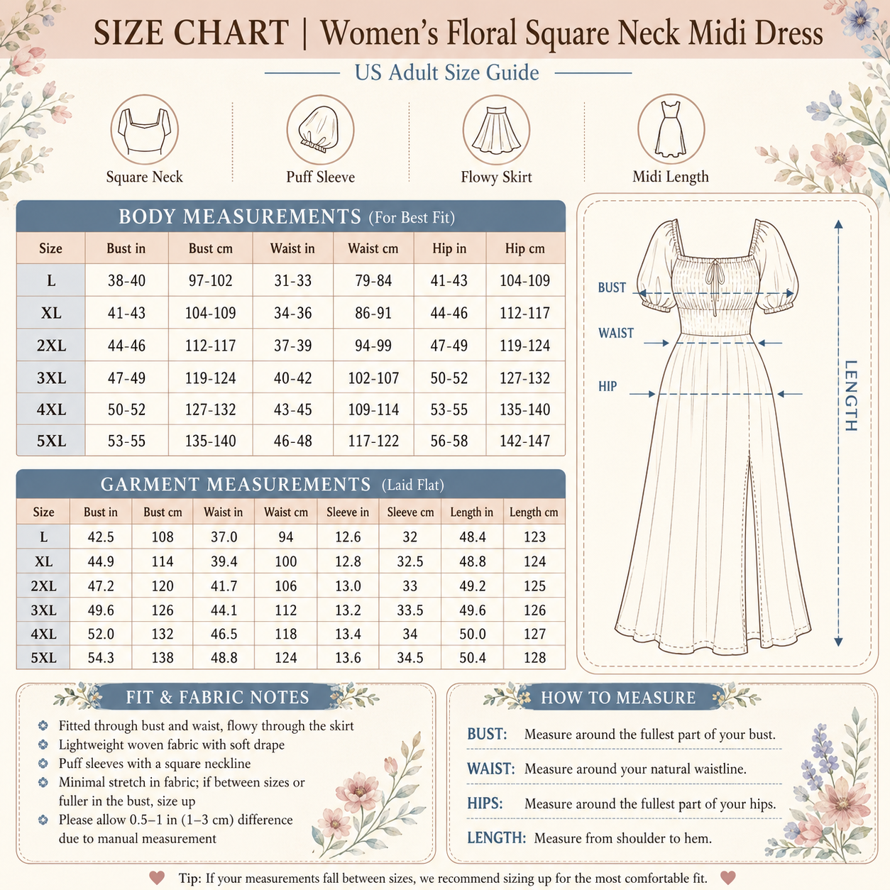 Women's floral square neck midi dress size chart