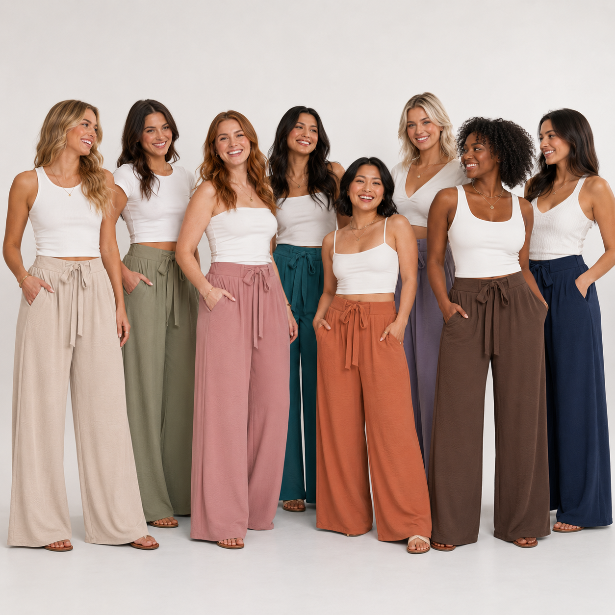 Eight adult models wearing all wide-leg pants colors