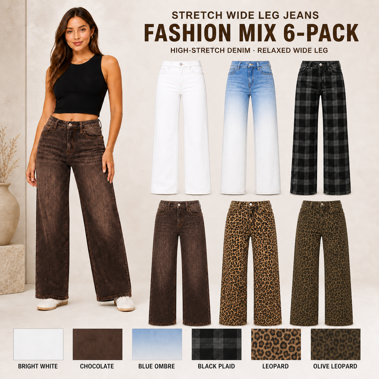 Women's High-Stretch Mid-to-Low Rise Wide-Leg Jeans 6/12-Pack