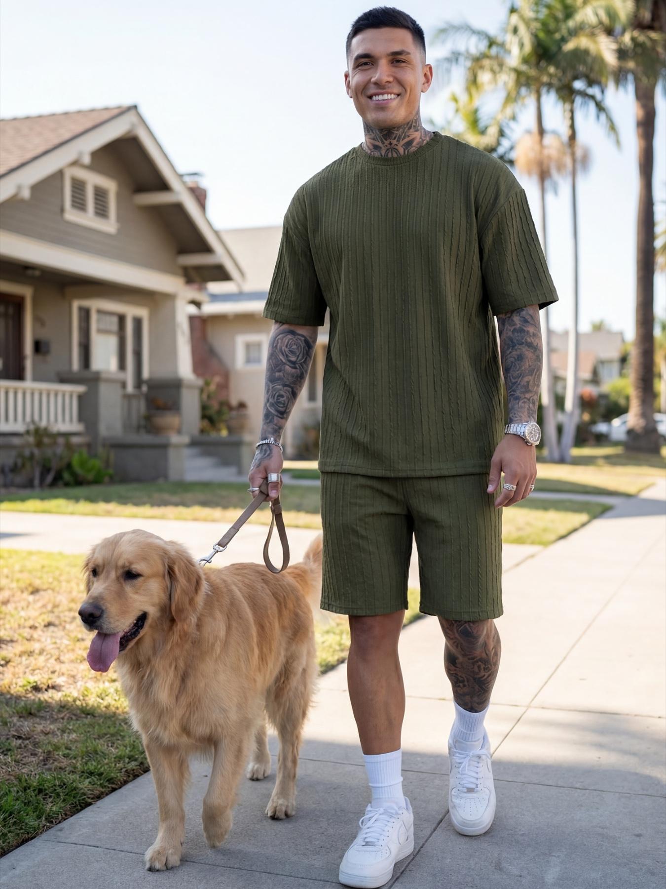 Men&rsquo;s Loose Fit 2-Piece Summer Set, Oversized Textured Tee with Relaxed Fit Drawstring Shorts