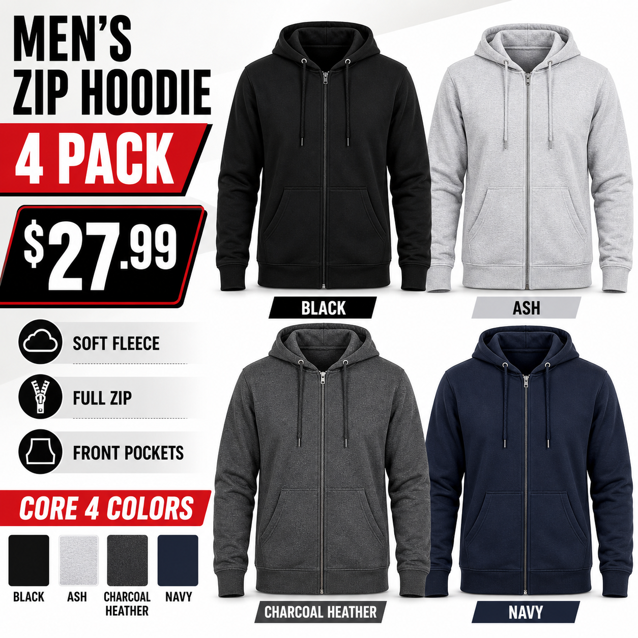 Men's full-zip fleece hoodie - 4Pack - Core 4 Colors