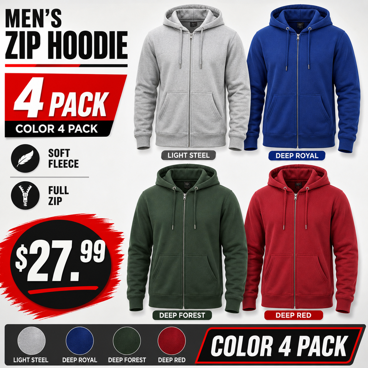 Men's full-zip fleece hoodie - 4Pack - Color 4 Pack