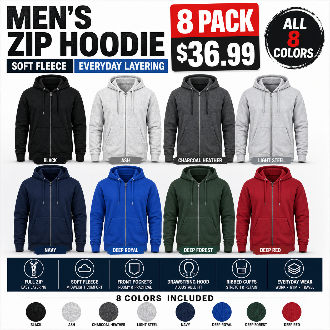 Men's full-zip fleece hoodie - 8Pack - All 8 Colors