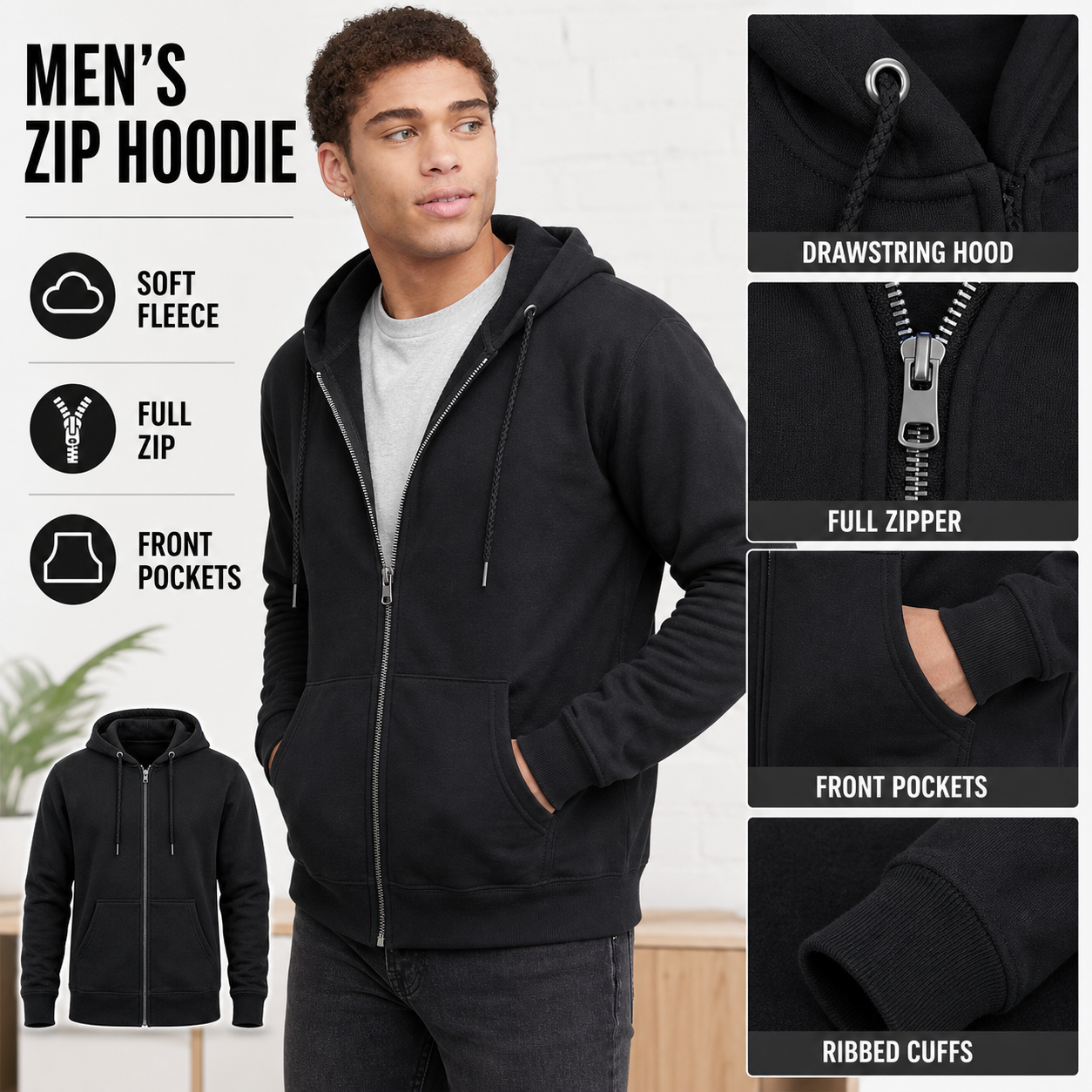 Men's full-zip fleece hoodie model try-on detail collage black