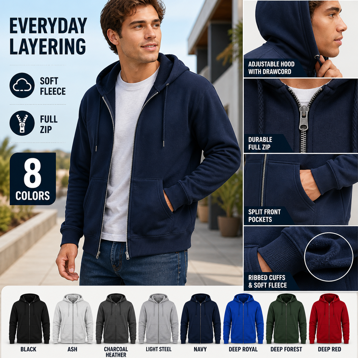 Men's full-zip fleece hoodie model try-on detail collage navy