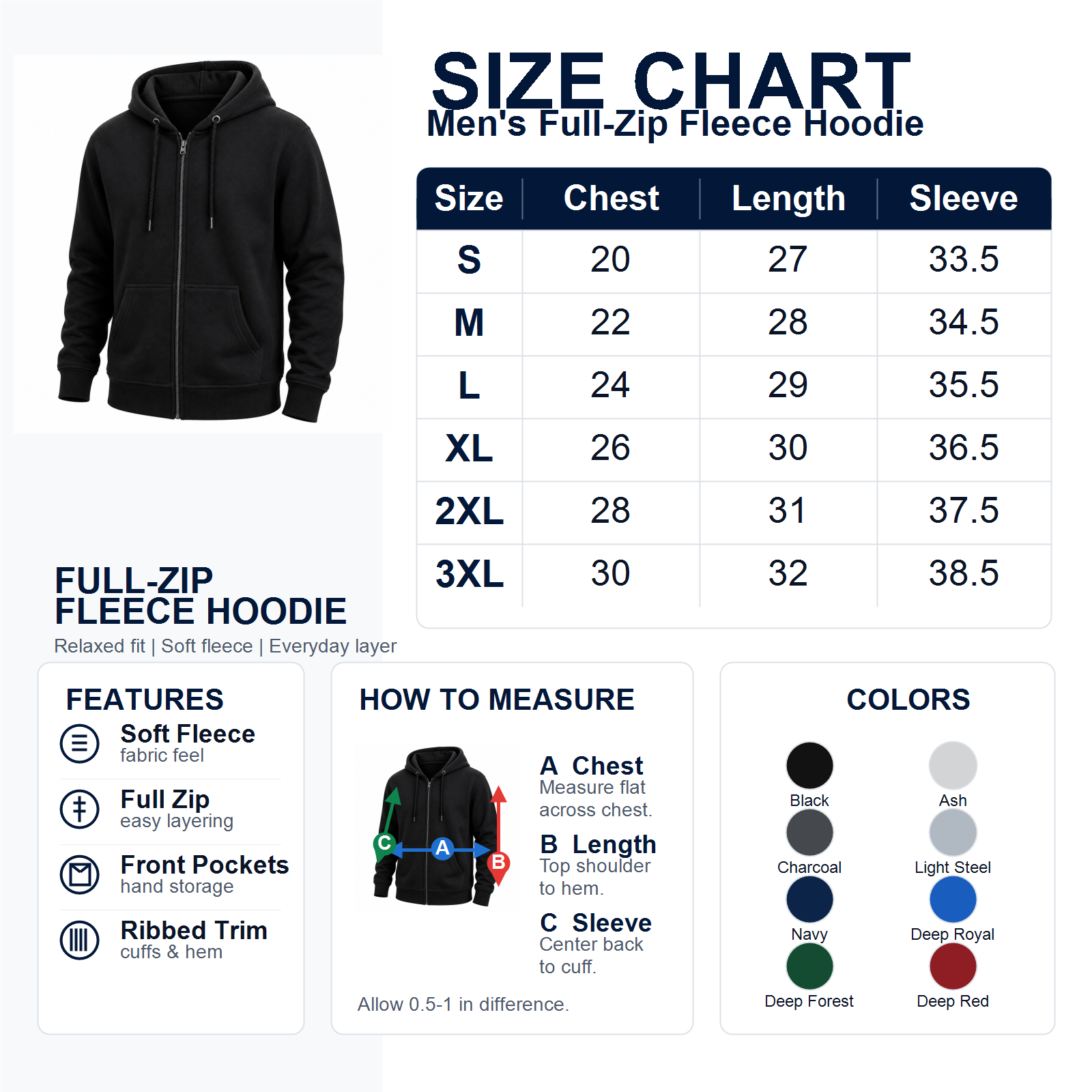 Men's full-zip fleece hoodie size chart