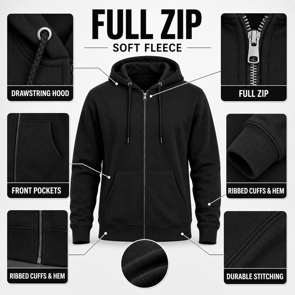 Men's full-zip fleece hoodie detail selling points