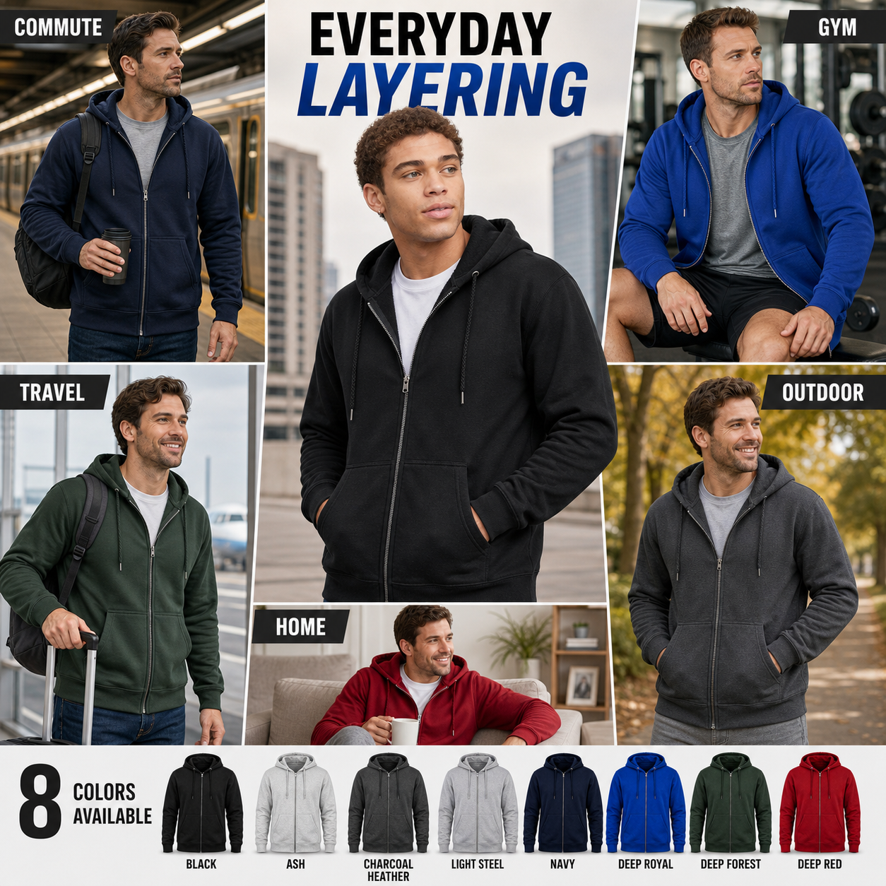 Men's full-zip fleece hoodie application scenarios