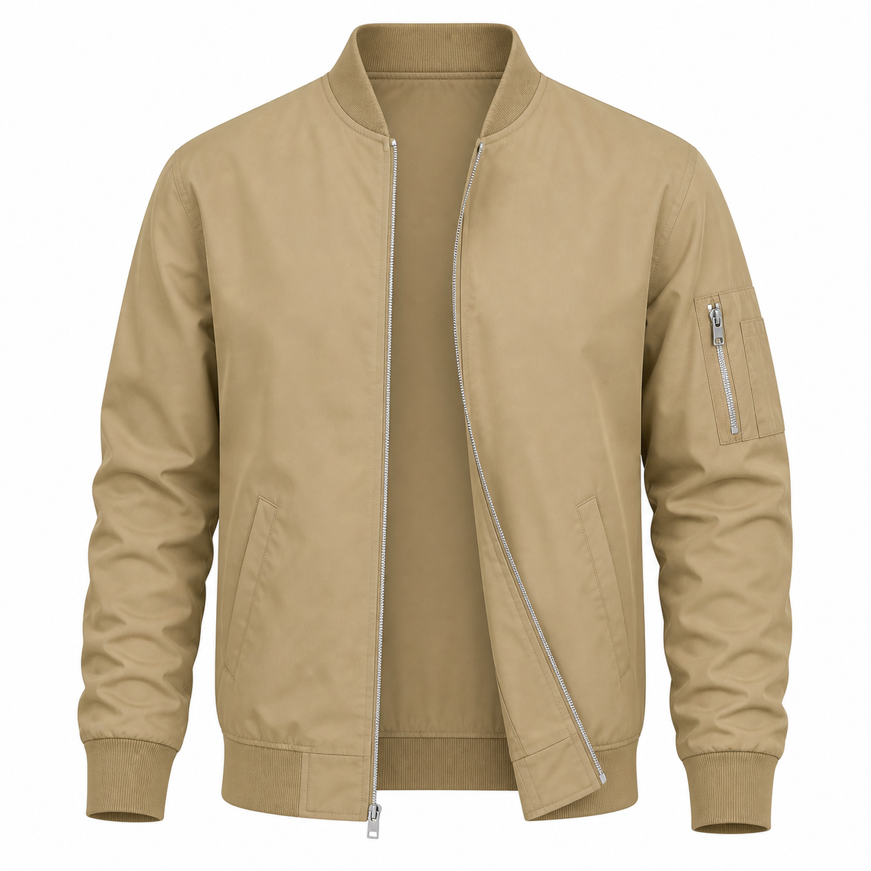 Khaki lightweight bomber windbreaker jacket front view