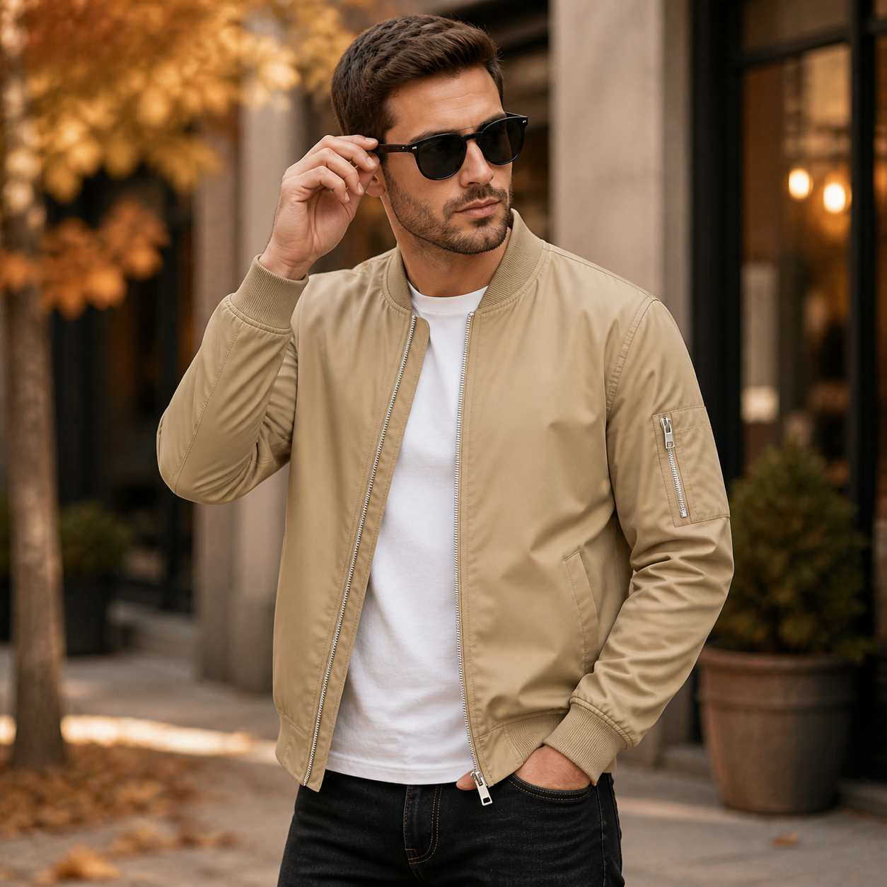 Khaki lightweight bomber windbreaker jacket model try on