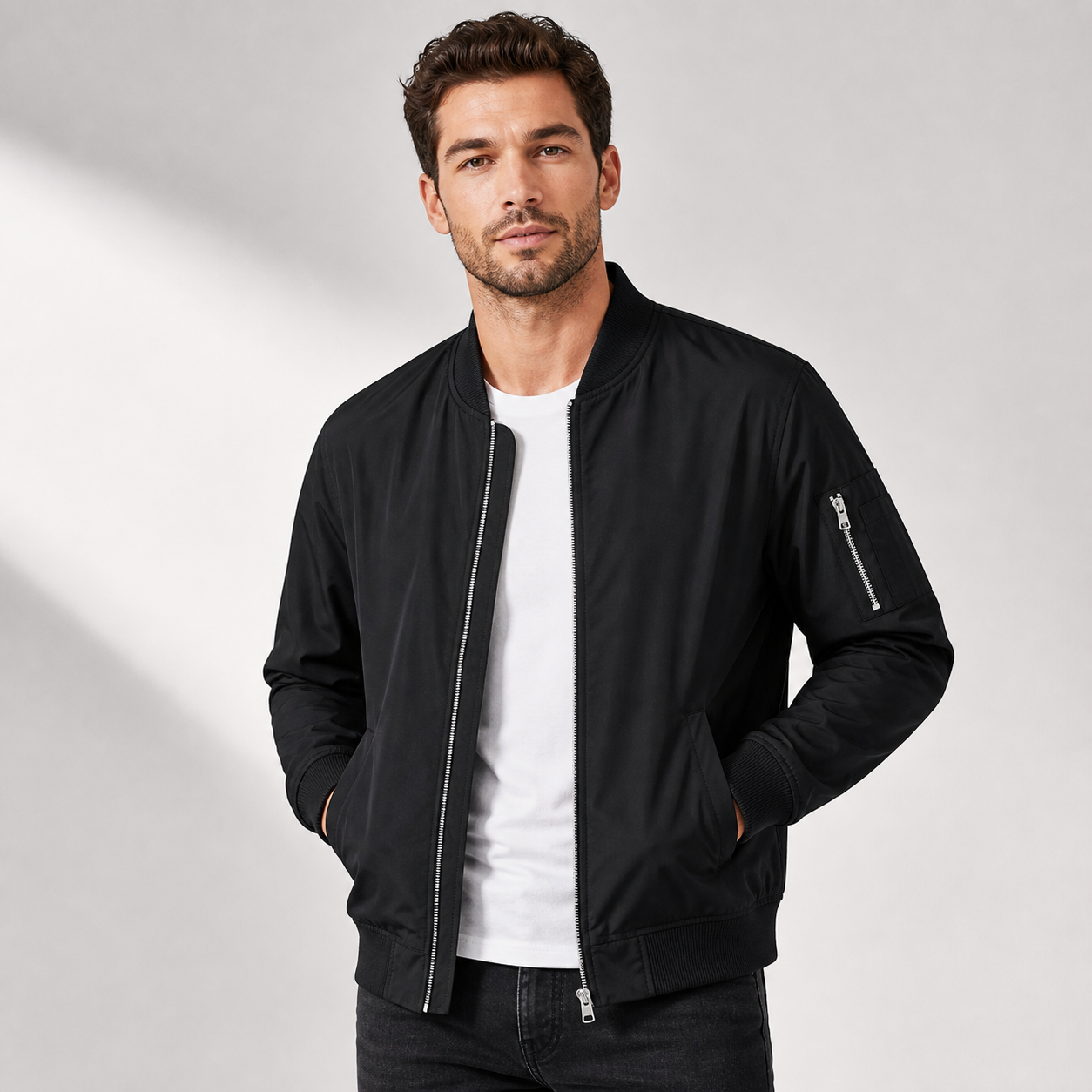 Black lightweight bomber windbreaker jacket model try on