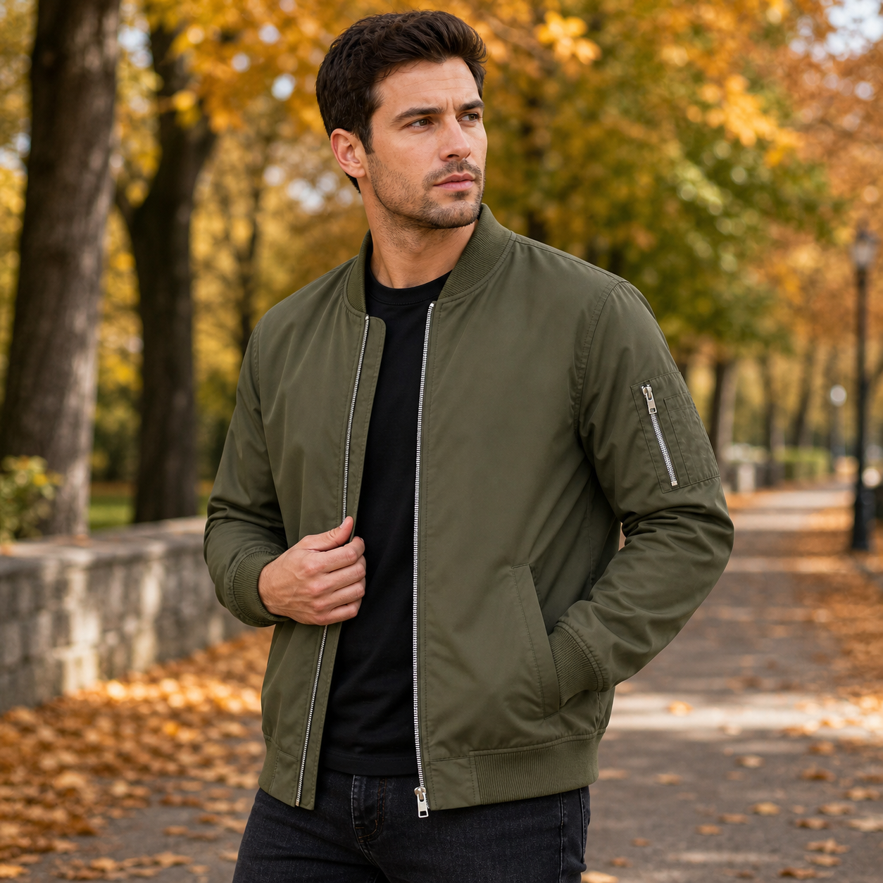 Army green lightweight bomber windbreaker jacket model try on