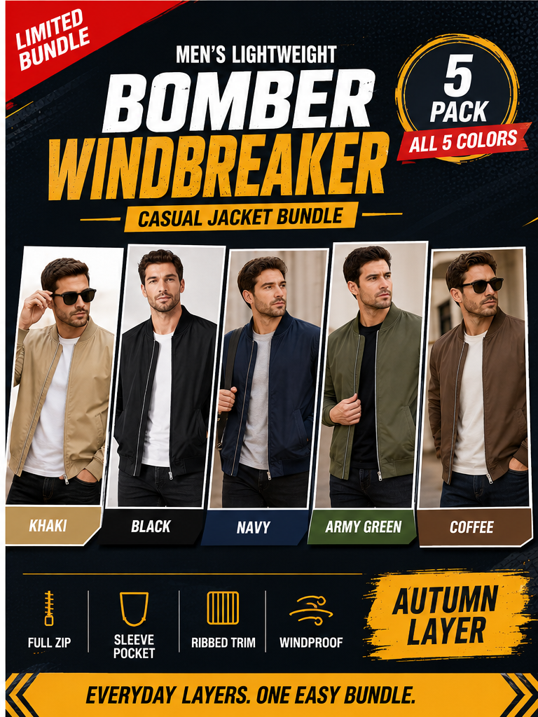Men's lightweight bomber windbreaker jacket 5Pack all 5 colors