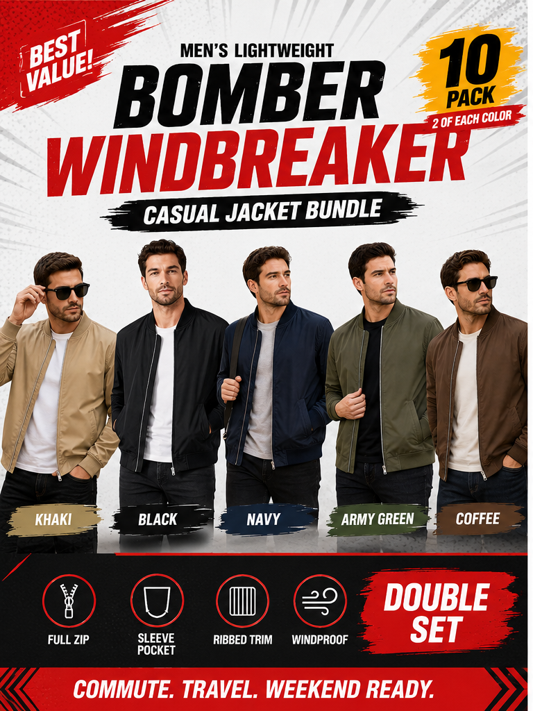 Men's lightweight bomber windbreaker jacket 10Pack two of each color