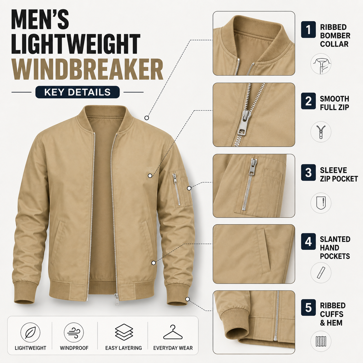 Men's lightweight windbreaker jacket key details infographic