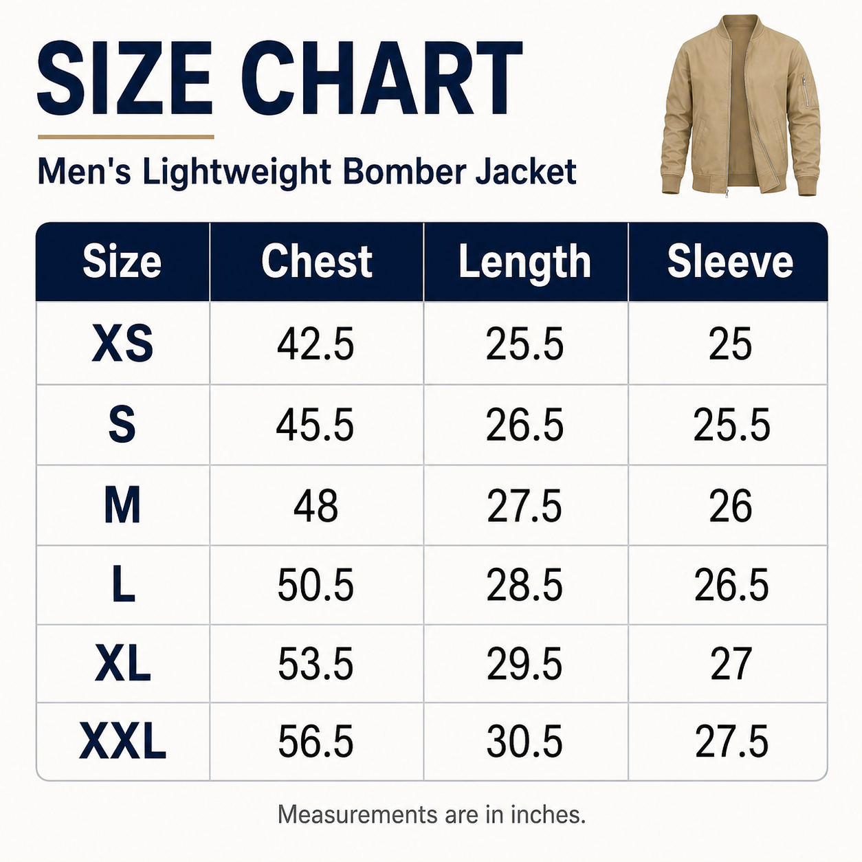 Men's lightweight bomber jacket size chart in inches