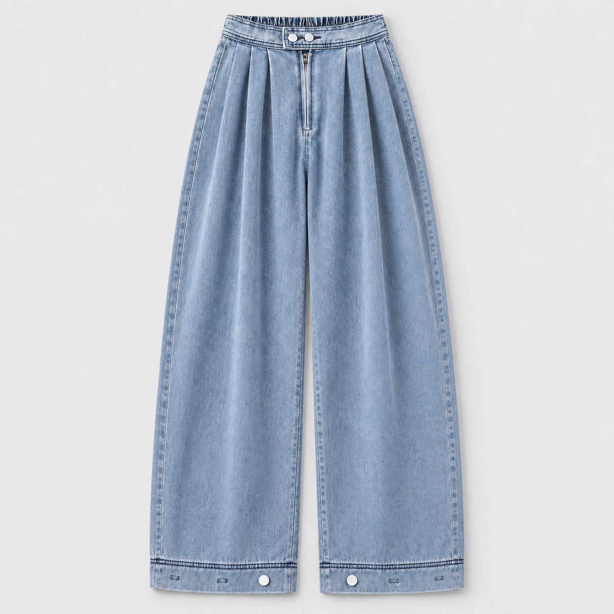 Straight-on full-length flat lay showing the double-snap waistband, zip fly, pleats and adjustable cuff hardware