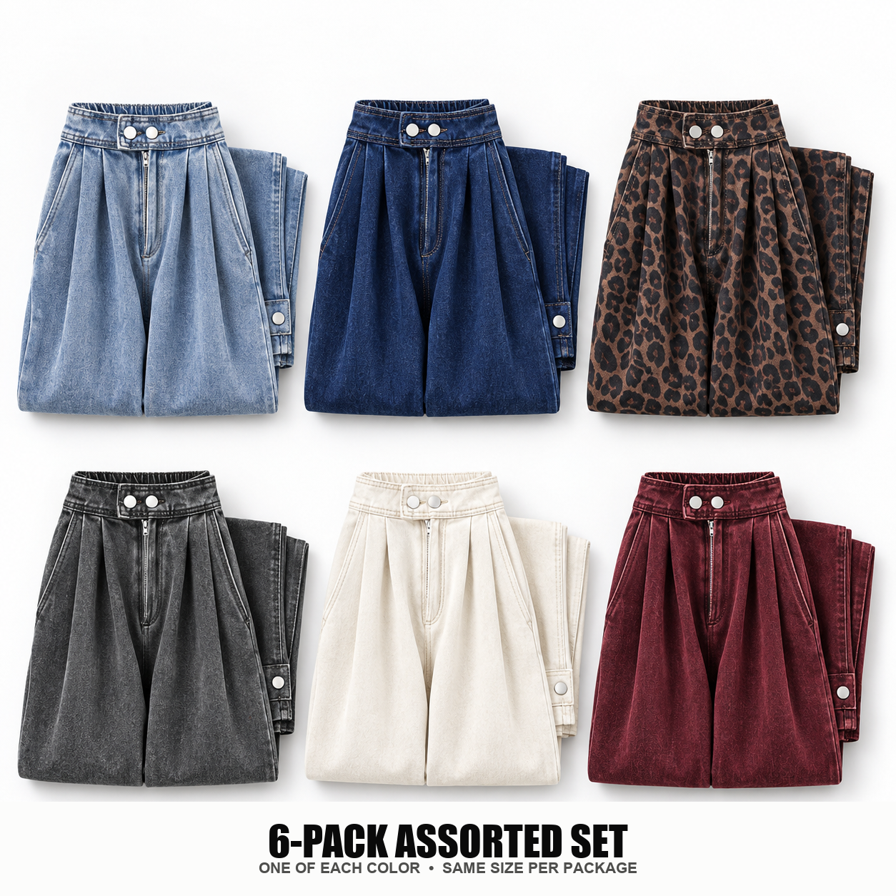 Six folded pleated balloon jeans in a two-by-three assorted 6PACK, one of each color
