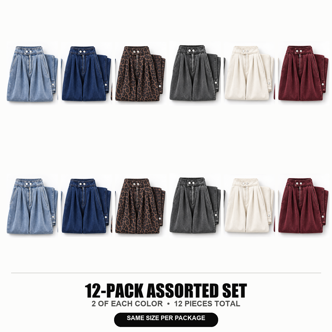 Twelve folded pleated balloon jeans with each of the six colors shown exactly twice