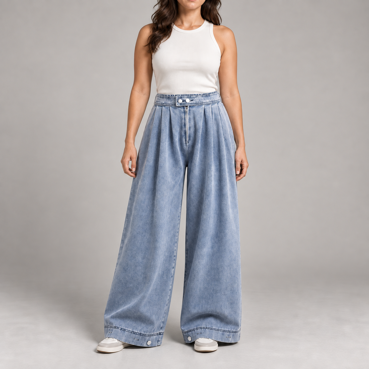 Woman wearing the Blue pleated balloon jeans color option