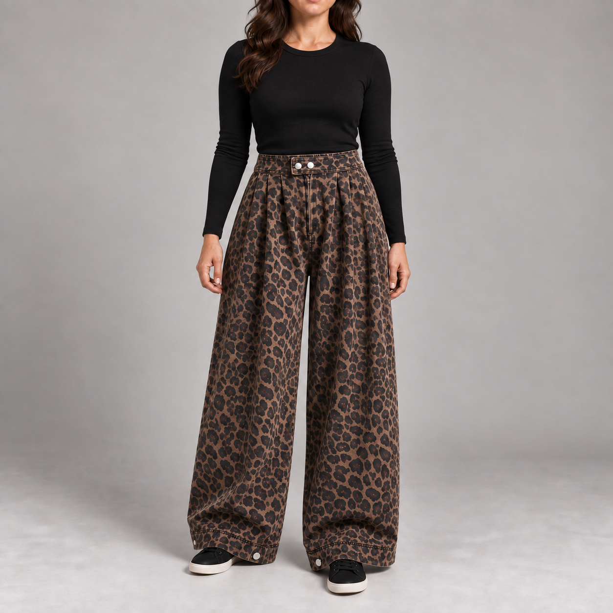 Woman wearing the Leopard Print Color pleated balloon jeans option