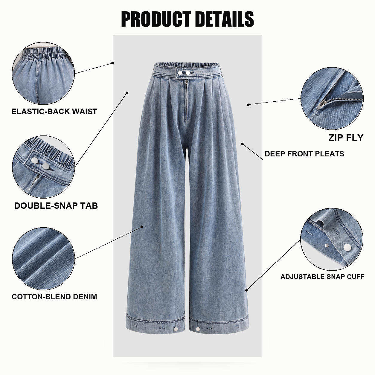 Construction details of the elastic-back waist, double-snap tab, zip fly, front pleats and adjustable cuff