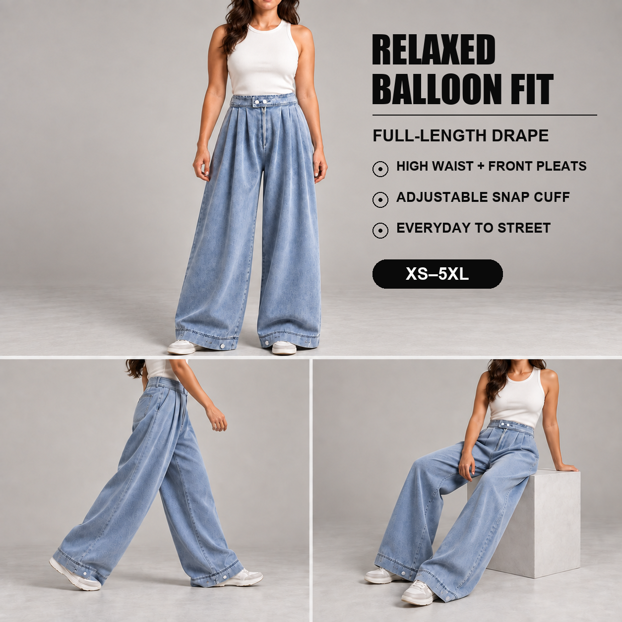 Three styling views showing the full-length relaxed balloon fit from standing to walking and seated poses