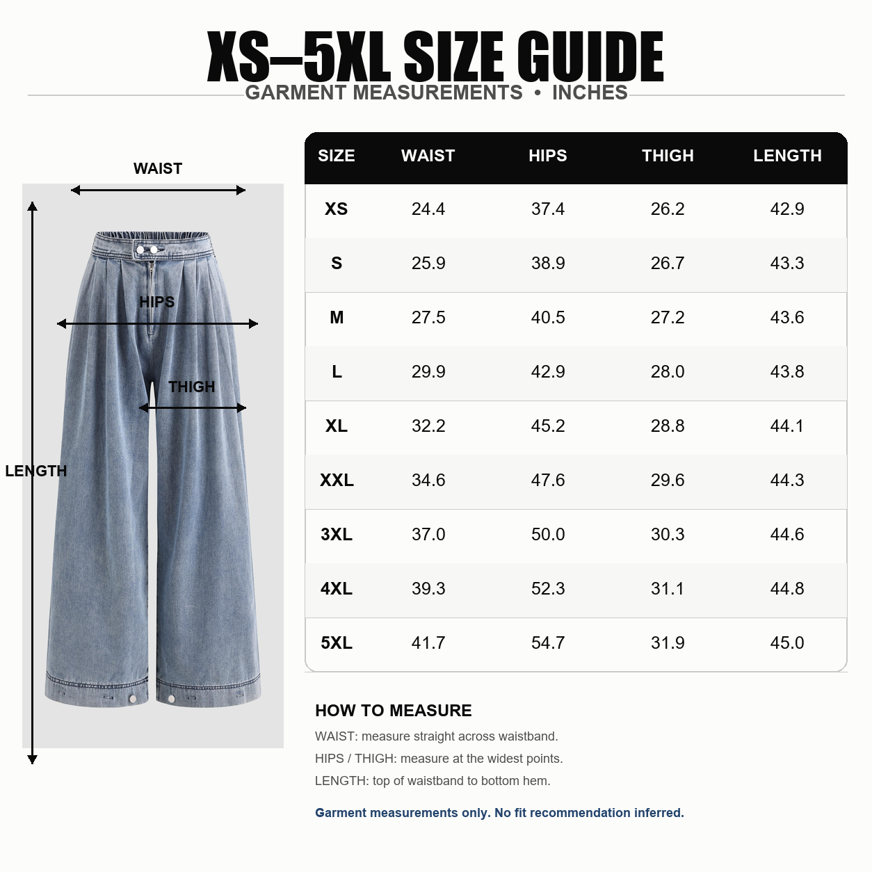 XS to 5XL garment measurement size guide in inches for the pleated balloon jeans
