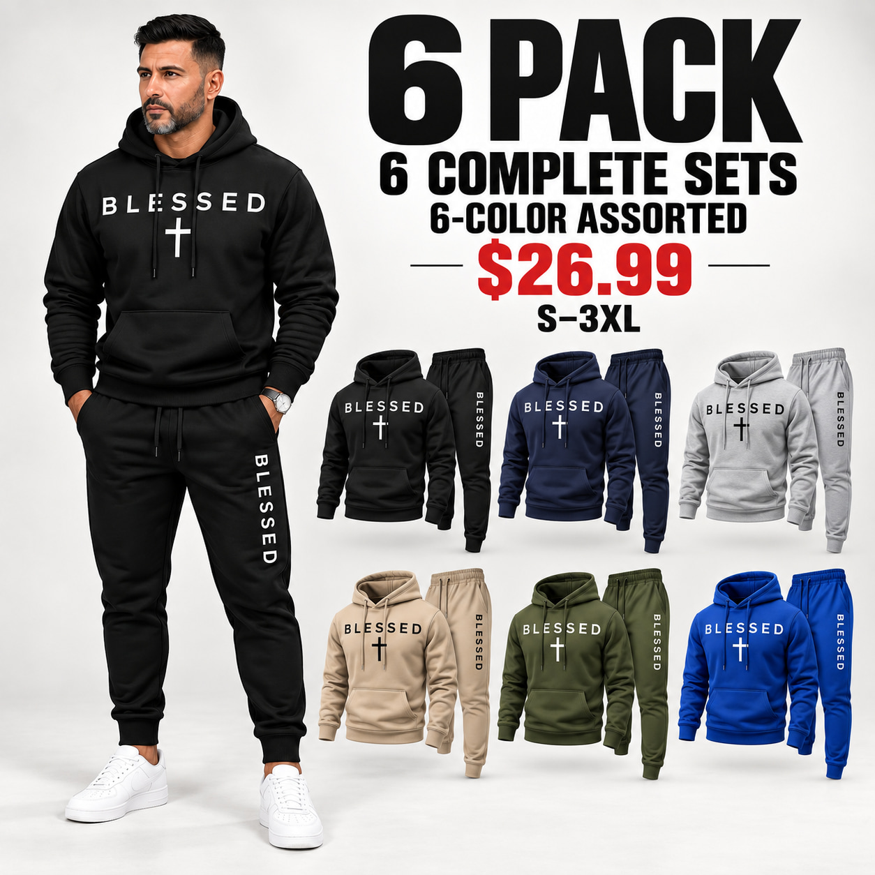 GZUSK men's BLESSED hoodie and jogger tracksuit 6PACK in six assorted colors