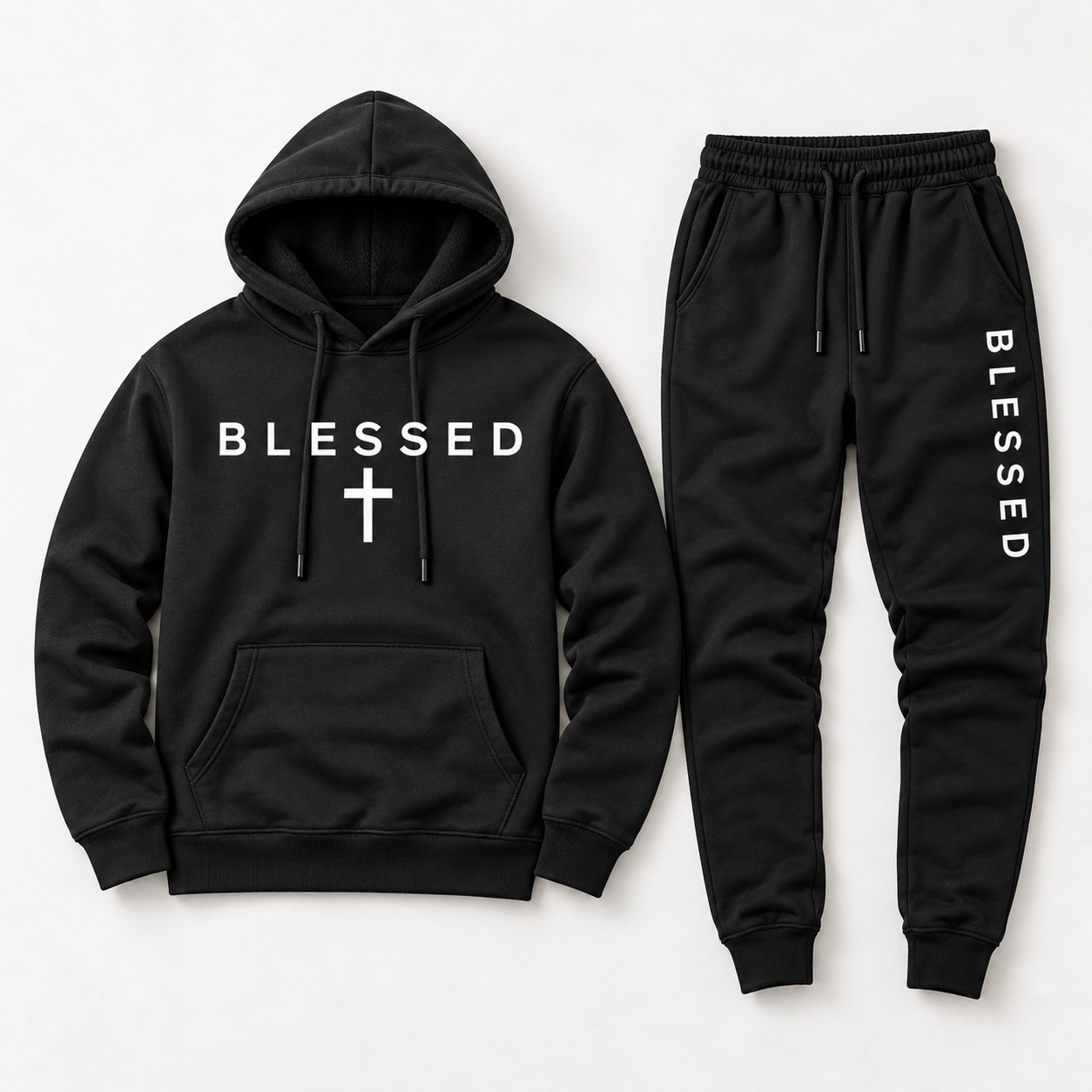 Black pullover hoodie and drawstring jogger set shown flat with front print