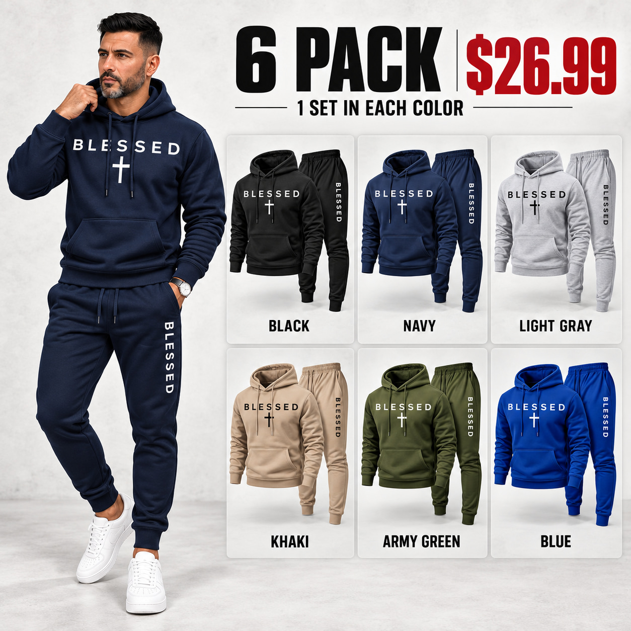 6PACK with one complete hoodie and jogger set in each of six colors