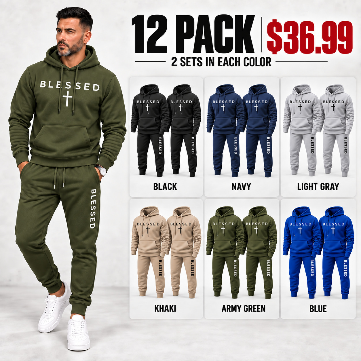 12PACK with two complete hoodie and jogger sets in each of six colors