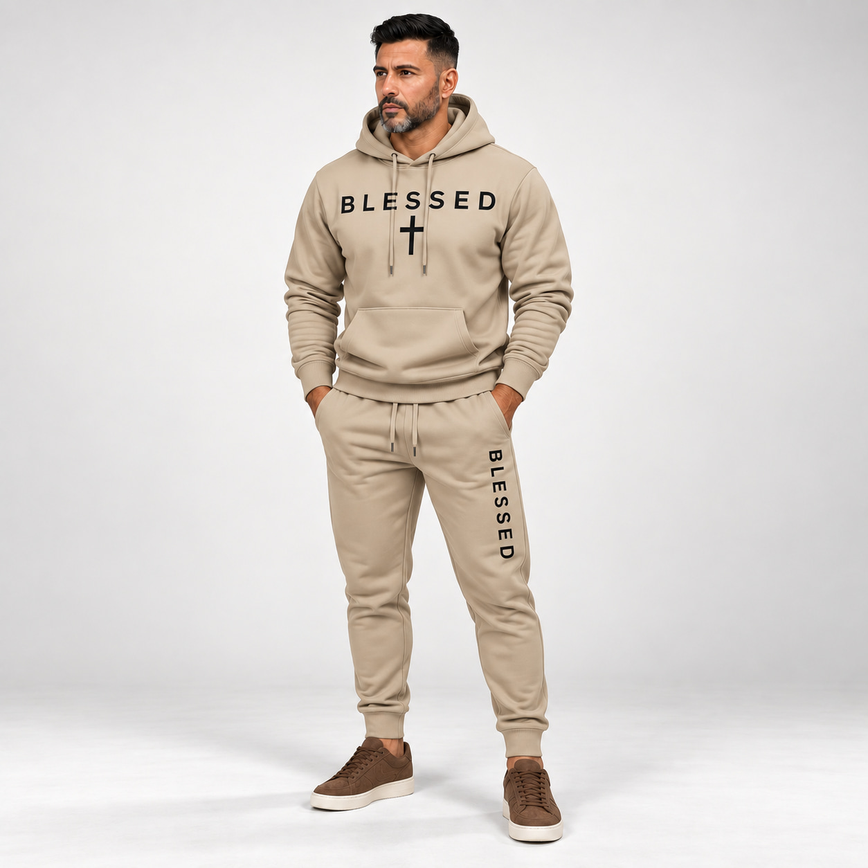 Adult male wearing the Khaki BLESSED hoodie and jogger set