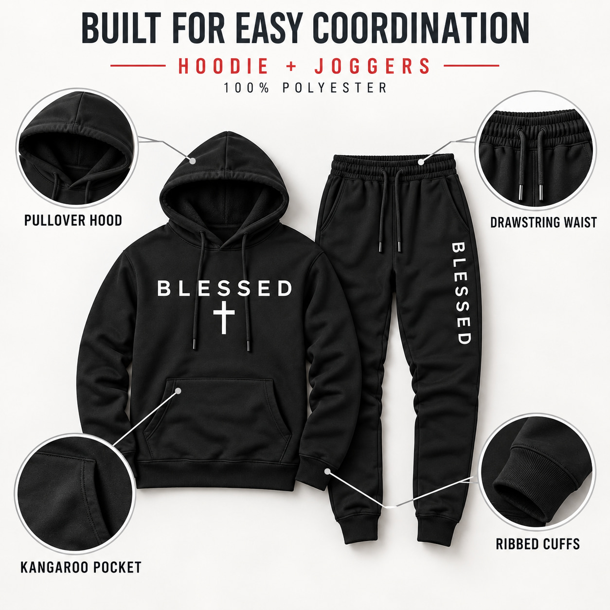 Hoodie and jogger construction details including hood, pocket, drawstring waist, and ribbed cuffs