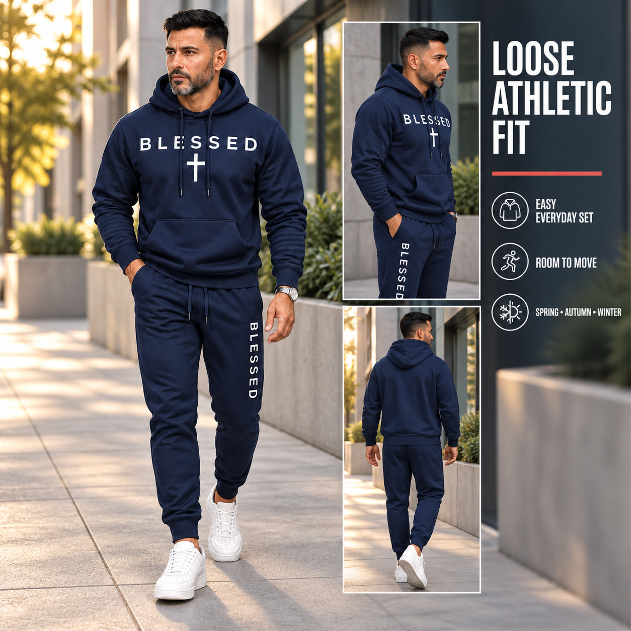 Navy two-piece hoodie and jogger set shown in front, side, and back lifestyle views