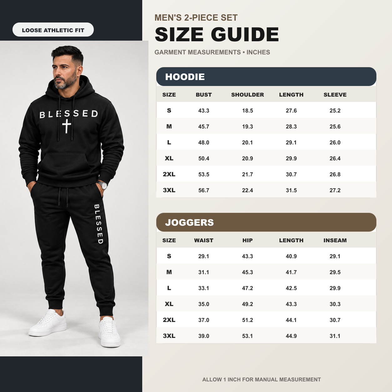 Men's two-piece hoodie and jogger garment size guide in inches