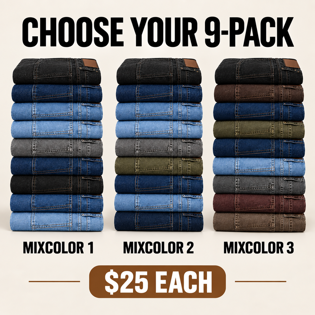 Three classic fit jeans nine-pack choices for $25 each