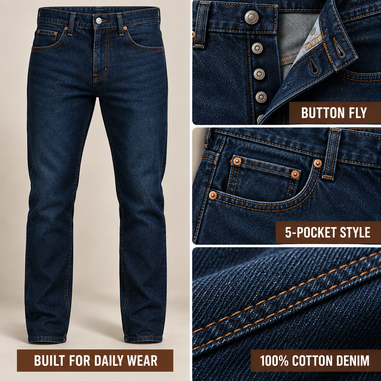 Classic jeans front construction, button fly and five-pocket style