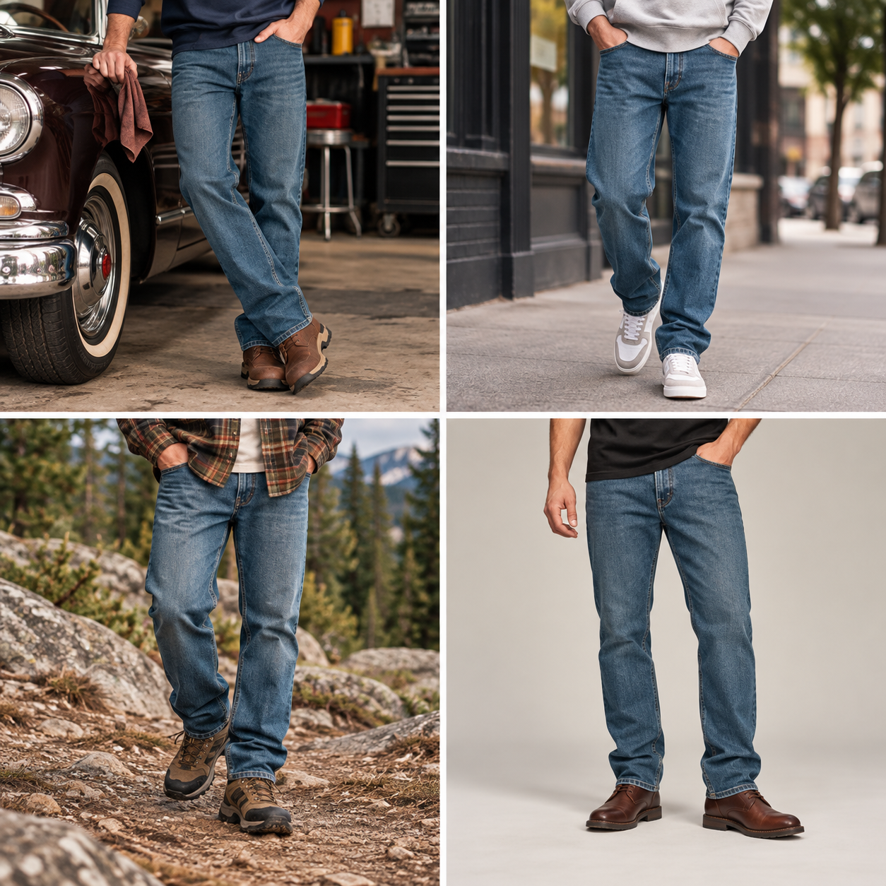 Four styling scenes for men's classic fit jeans