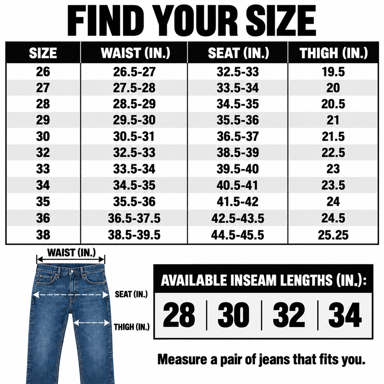 Clear jeans size guide with waist 26 to 38 and inseam 28 to 34