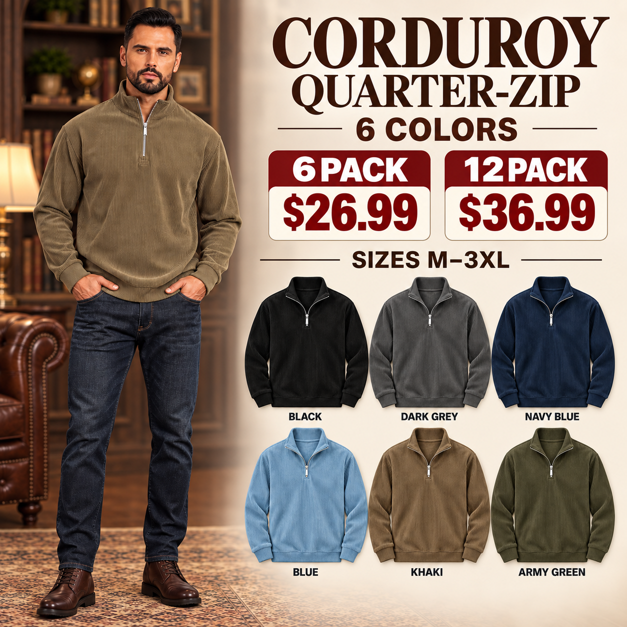 Men's corduroy quarter-zip pullover with six selected colors and multipack pricing