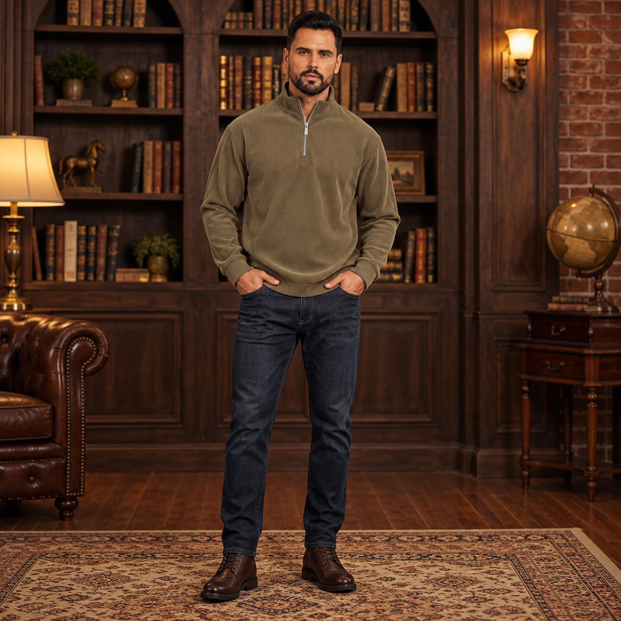 Front full-body view of the men's Khaki corduroy quarter-zip pullover