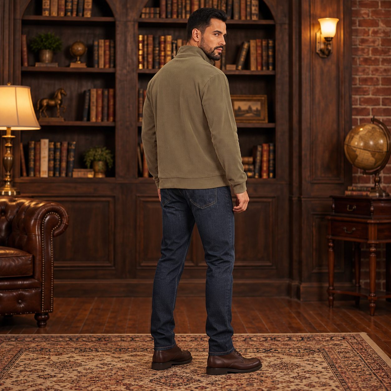 Three-quarter back view showing the clean corduroy pullover silhouette