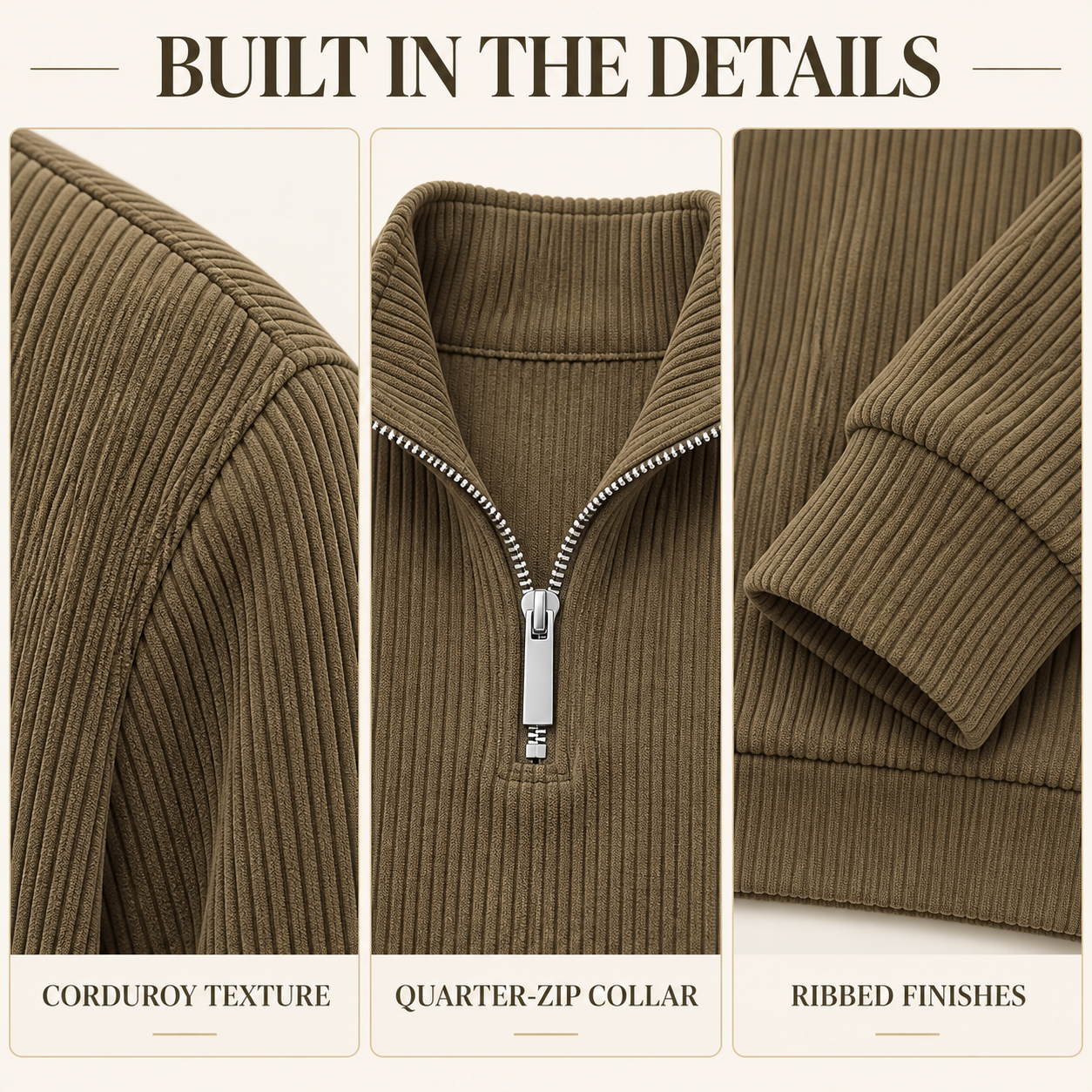 Close-up of corduroy texture, quarter-zip collar and ribbed finishes
