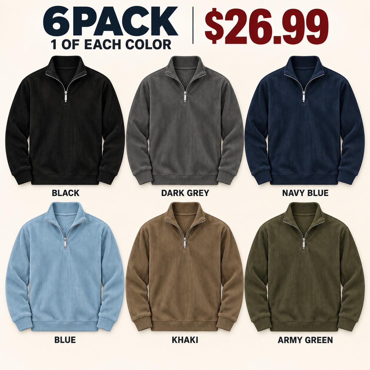 Product-only 6PACK with one complete pullover in each selected color