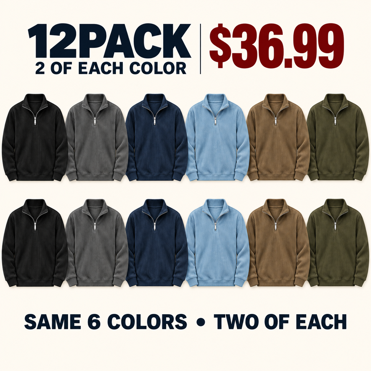 Product-only 12PACK with two complete pullovers in each selected color