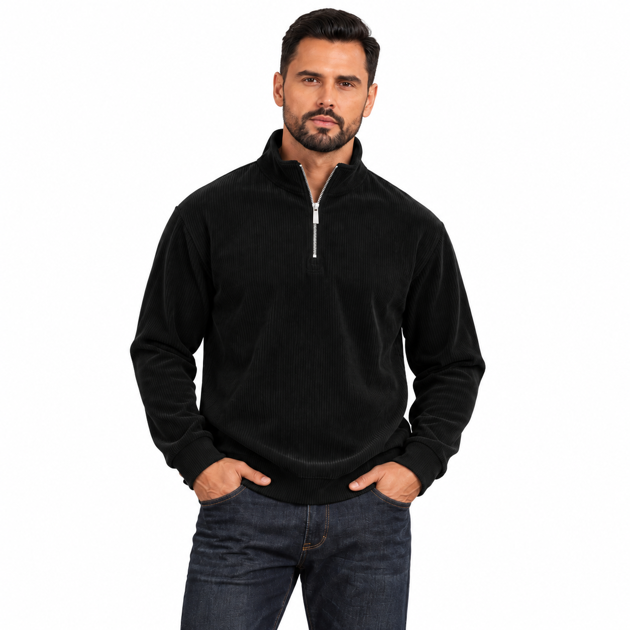 Men's Black corduroy quarter-zip pullover worn by an adult model on white