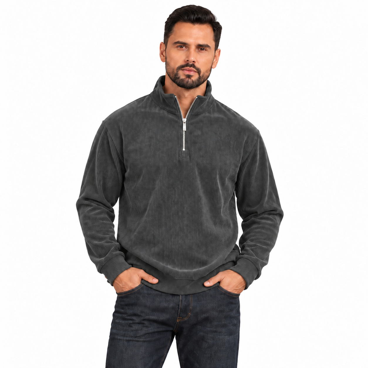Men's Dark Grey corduroy quarter-zip pullover worn by an adult model on white