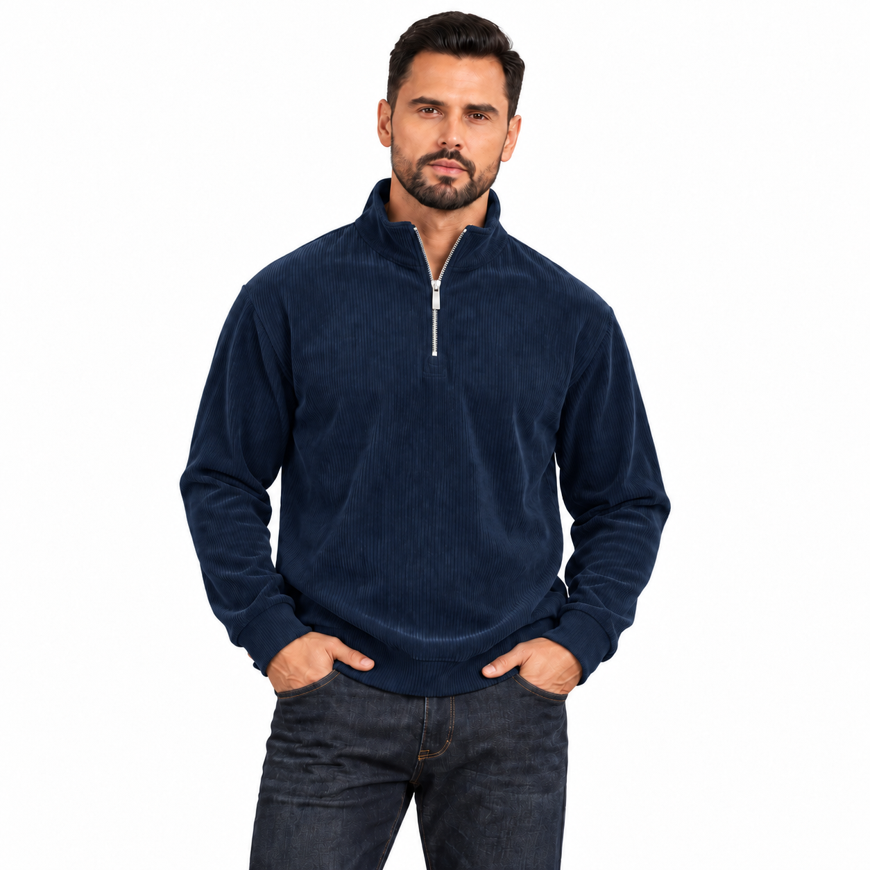 Men's Navy Blue corduroy quarter-zip pullover worn by an adult model on white